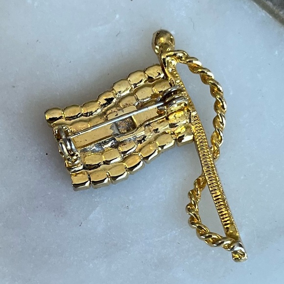 American Flag Brooch Gold Tone with Red, White, and Blue Rhinestones - Picture 5 of 13